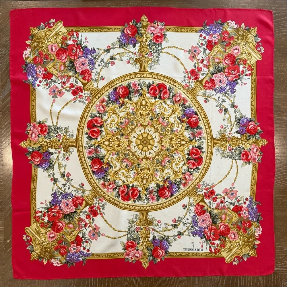 Trussardi Red and Gold Ornate Floral Scarf